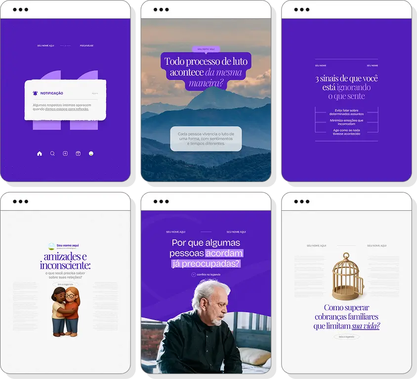 Pack de posts editáveis psicanálise com Instagram de autoconhecimento e desenvolvimento emocional