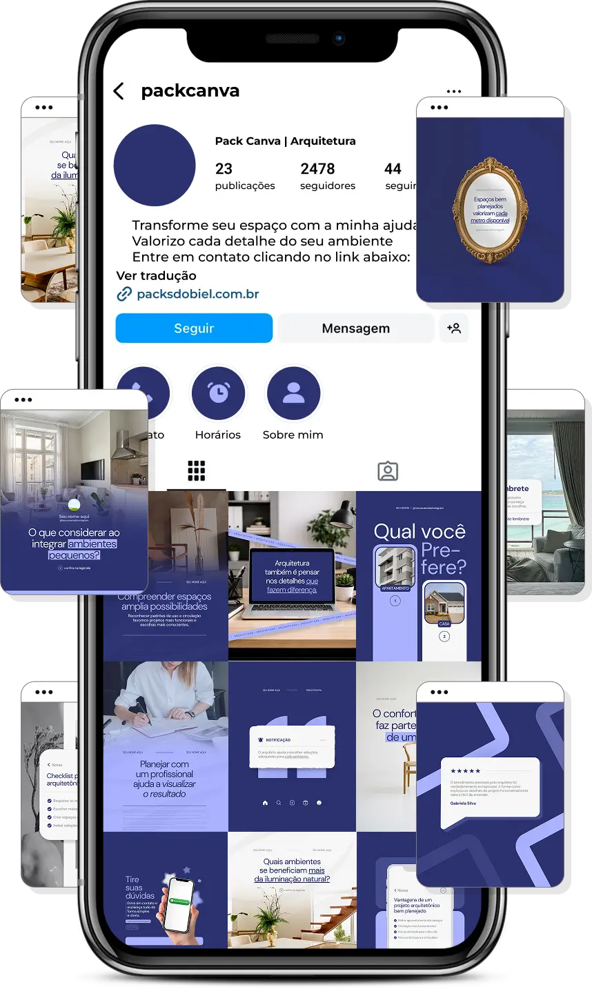Posts para perfil de arquitetura no Instagram com templates Canva sobre projetos, interiores e decoração