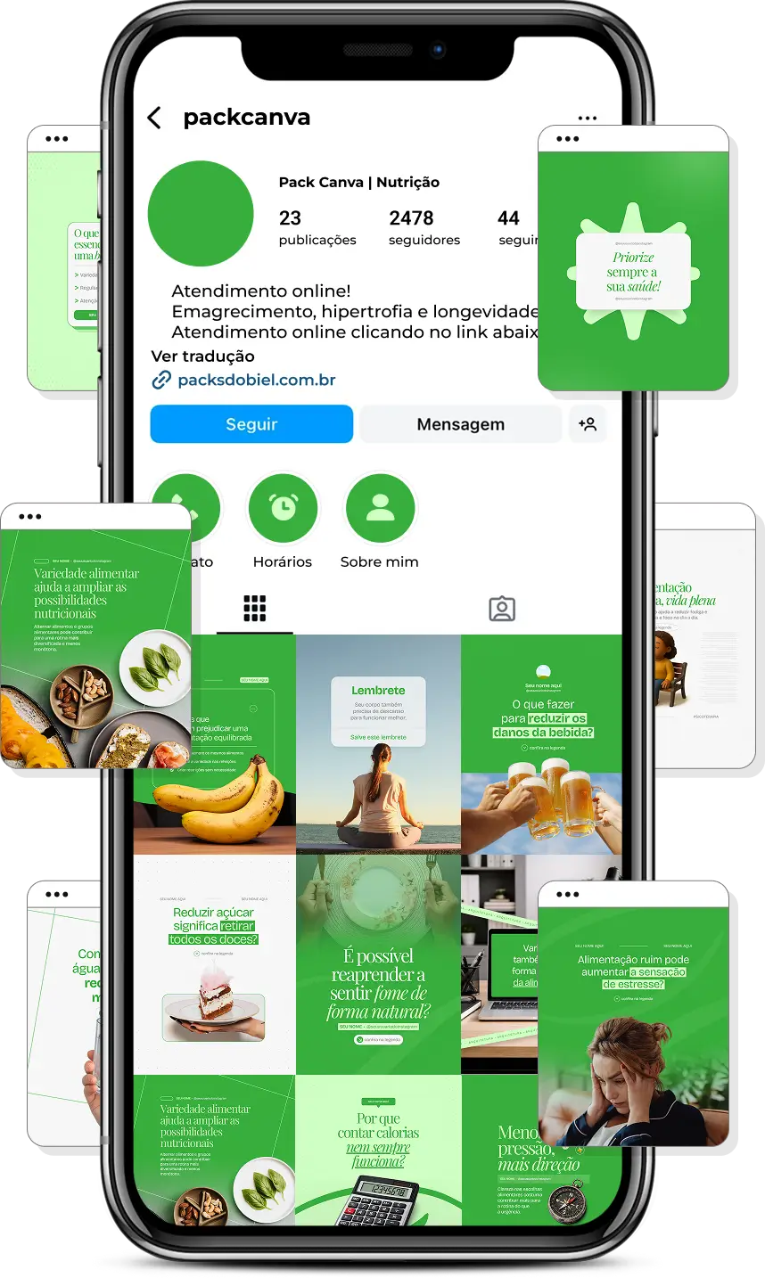 Pack Canva nutrição com posts para Instagram de hábitos alimentares e saúde