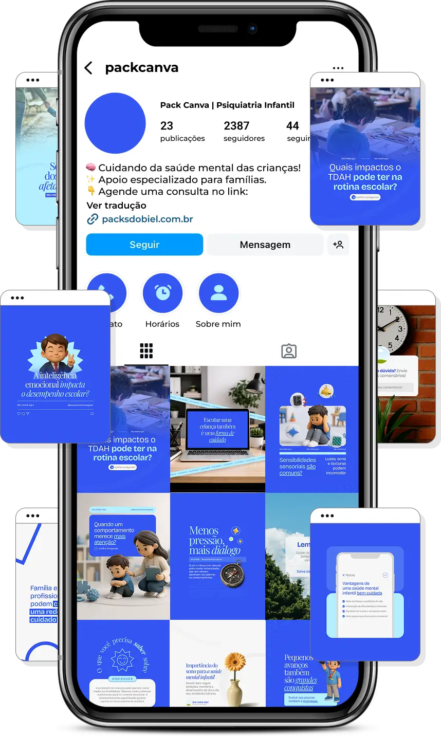 Posts para perfil de psiquiatria infantil no Instagram com templates Canva sobre saúde mental infantil