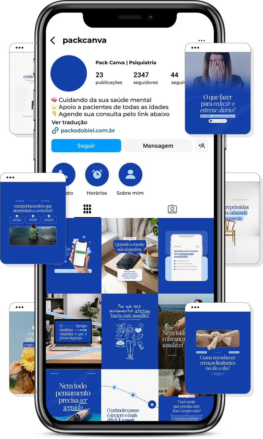 Pack Canva psiquiatria com posts para Instagram de saúde mental, emoções e autocuidado