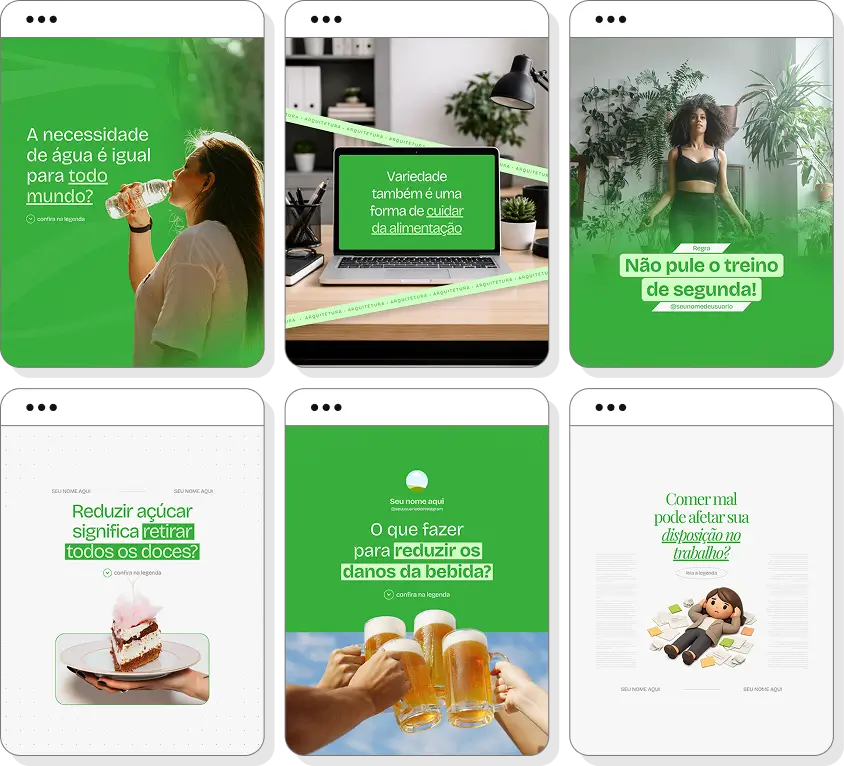 Pack de posts editáveis nutrição com foco em alimentação equilibrada e educação nutricional