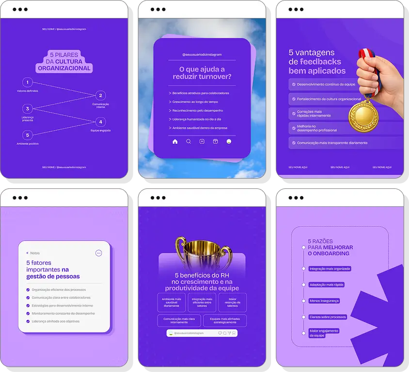 Social media para Recursos Humanos com templates para Instagram de liderança, trabalho e desenvolvimento