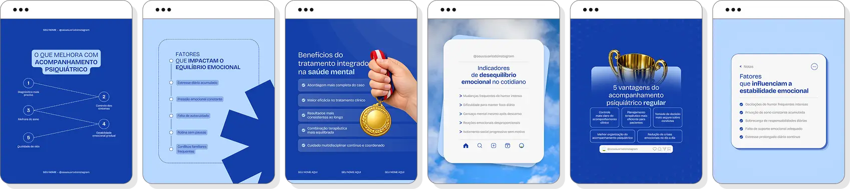 Pack de psiquiatria com conteúdos editáveis para Instagram de saúde mental e bem-estar emocional