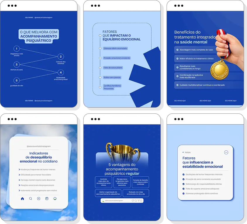 Pack de posts para psiquiatria com ideias de conteúdo para Instagram de saúde mental e qualidade de vida