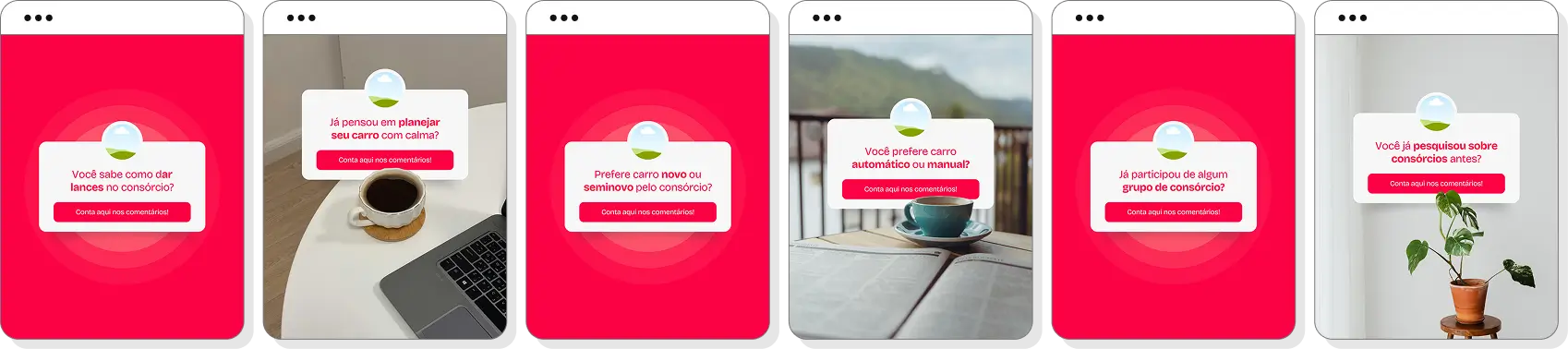 Posts para perfil de consórcio de carros no Instagram com pack Canva sobre automóveis e compra planejada
