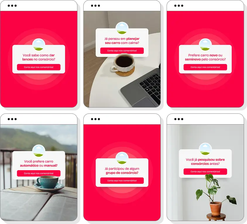 Pack Canva consórcio de carros com ideias de posts para Instagram sobre veículos, cartas de crédito e planejamento financeiro