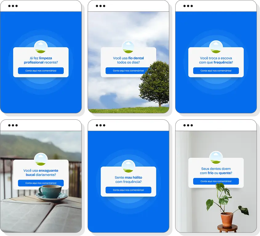 Pack Canva dentista com posts editáveis para Instagram de odontologia, saúde bucal e cuidados com o sorriso