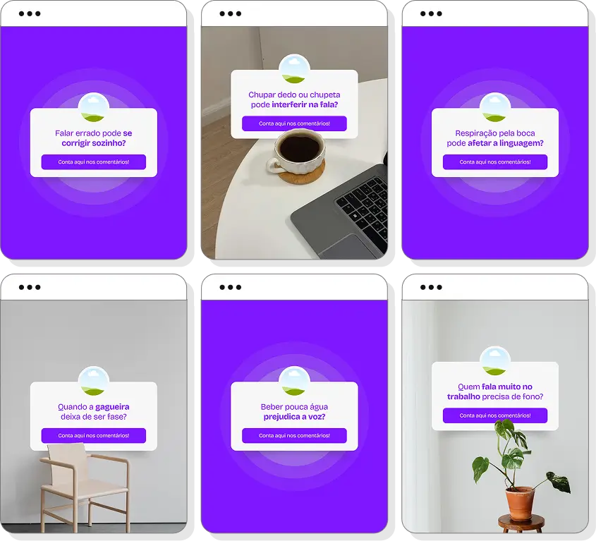Pack Canva fonoaudiologia com posts editáveis para Instagram sobre comunicação, voz, fala e desenvolvimento