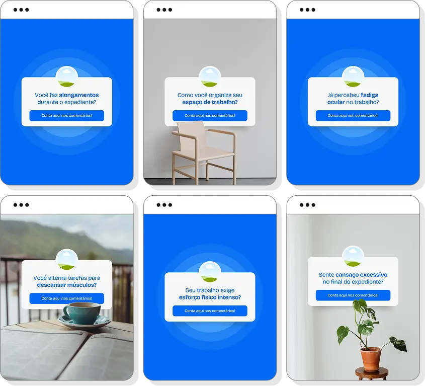 Pack de posts para saúde ocupacional com templates no Canva para Instagram de qualidade de vida e prevenção