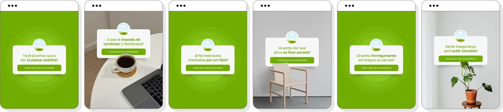Posts bônus editáveis de Caixinha de Perguntas para Fisioterapia, ideais para gerar interação no Instagram e esclarecer dúvidas comuns do público sobre dores, movimentos, exercícios e reabilitação.
