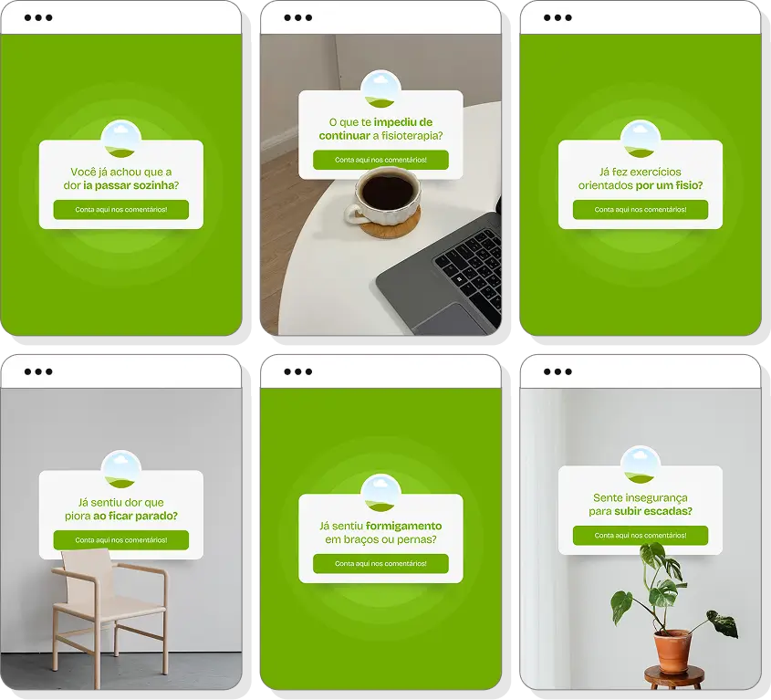 Posts bônus editáveis para Fisioterapia, em formato de Caixinha de Perguntas, pensados para estimular o engajamento e abordar dúvidas frequentes sobre fisioterapia, mobilidade e qualidade de vida.