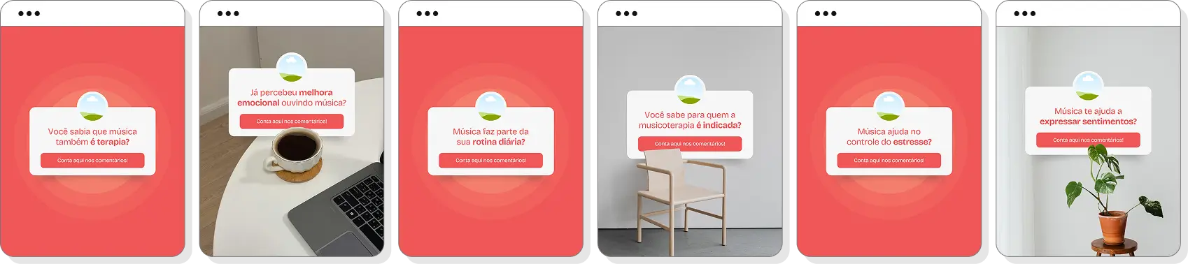 Posts bônus editáveis de Caixinha de Perguntas para Musicoterapia, ideais para gerar interação no Instagram e esclarecer dúvidas comuns do público sobre música, terapia e desenvolvimento.