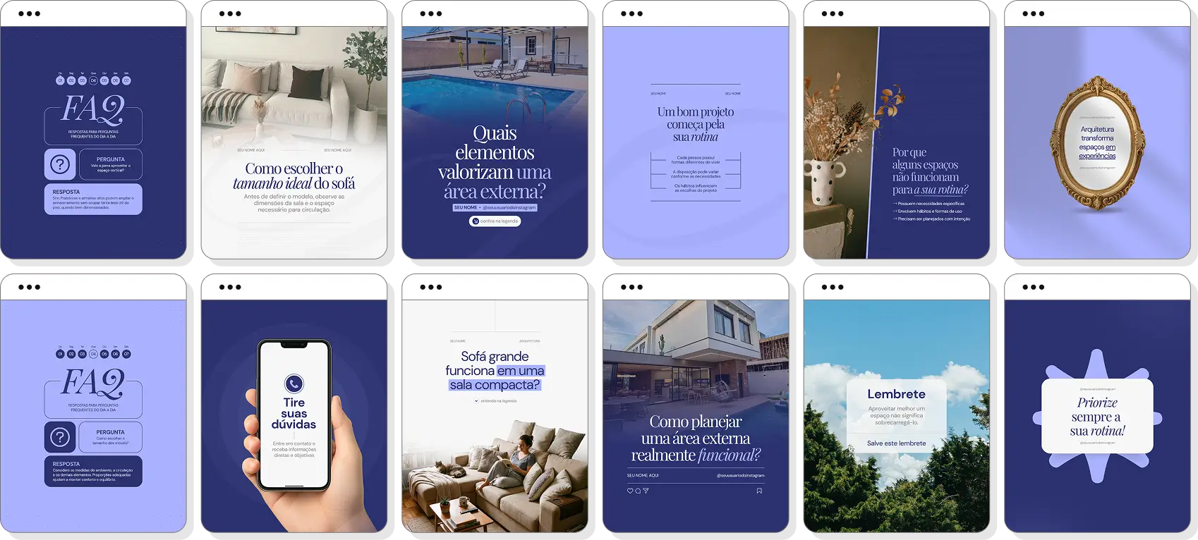 Posts no Canva para arquitetura com conteúdo para Instagram sobre projetos residenciais, interiores e decoração