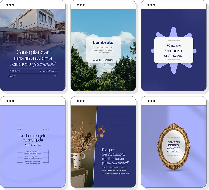 Posts para arquitetura com ideias de conteúdo para Instagram sobre projetos, ambientes, fachadas e tendências