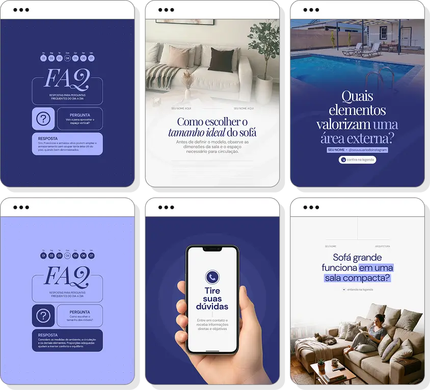 Pack de posts para arquitetura com templates editáveis para Instagram sobre projetos, interiores, fachadas e design de ambientes
