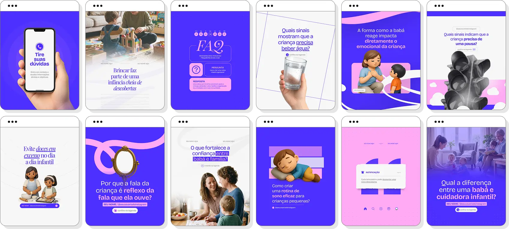 Posts no Canva para babá com conteúdos para Instagram sobre cuidados com crianças, brincadeiras e rotina infantil