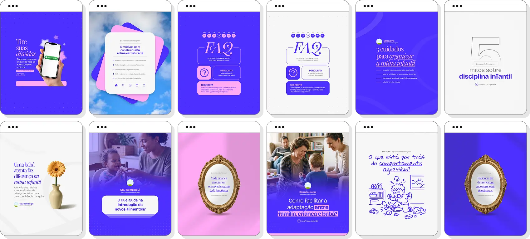 Posts para babá com ideias de conteúdo para Instagram sobre cuidados infantis, segurança e desenvolvimento