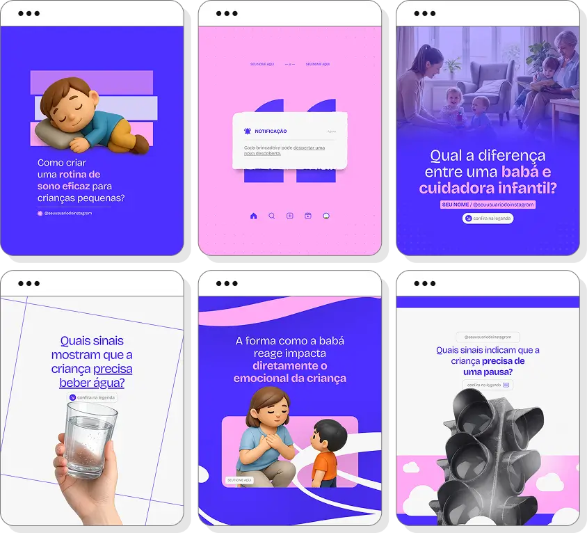Pack de posts para babá com templates editáveis para Instagram sobre cuidados infantis, rotina e desenvolvimento das crianças