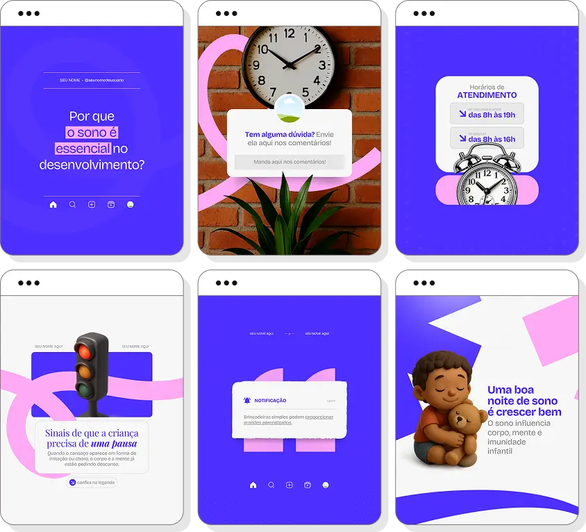 Canva para babá com ideias de posts para perfil de Instagram sobre cuidados, atividades e desenvolvimento infantil