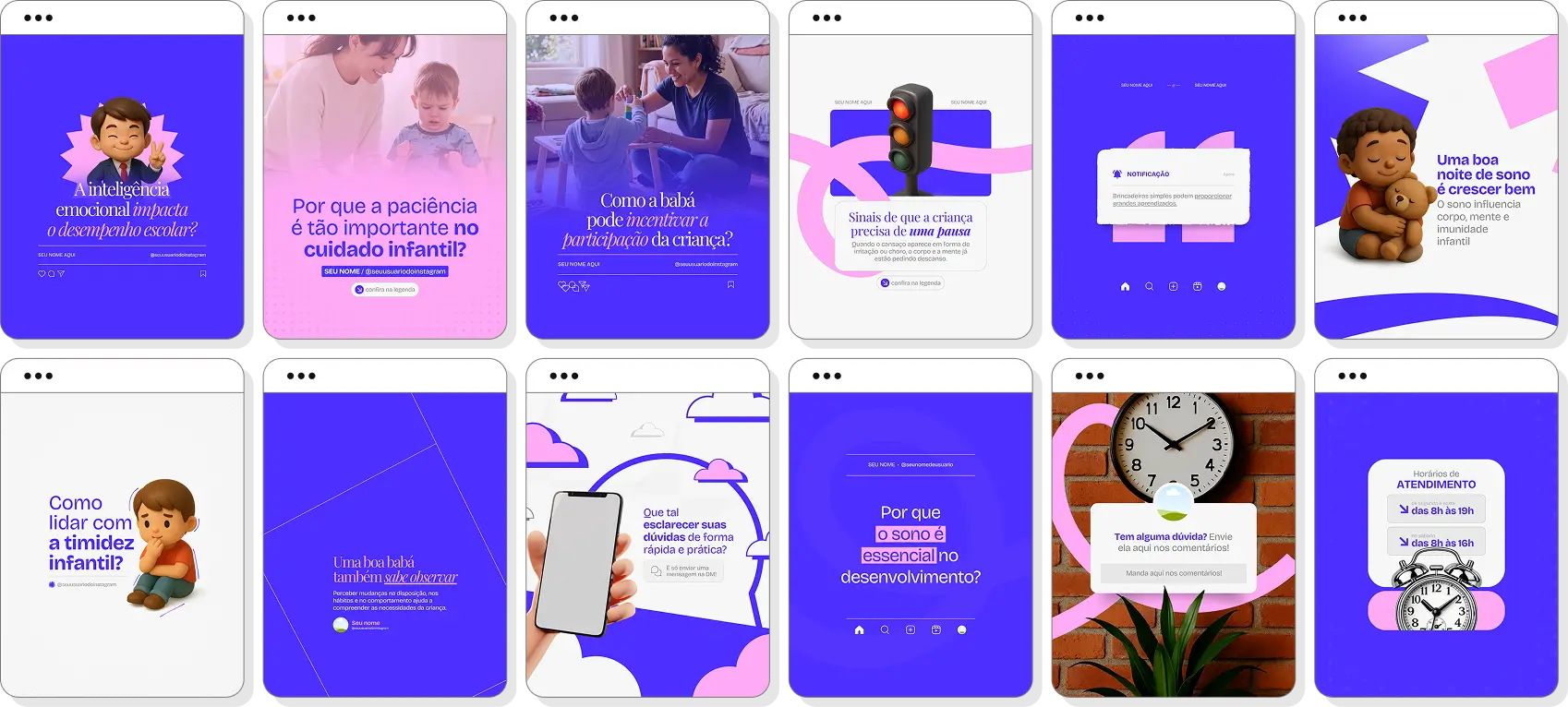 Pack de posts editáveis para babá com foco em rotina infantil, atividades, cuidados e bem-estar das crianças