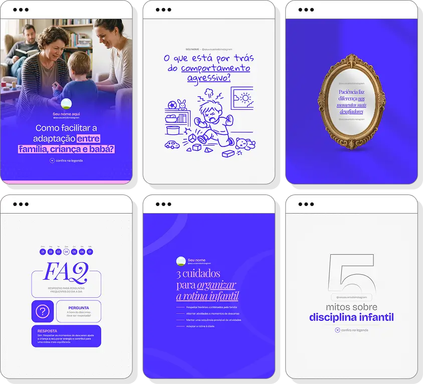 Social media babá com conteúdos para Instagram de cuidados infantis, rotina e atividades para crianças