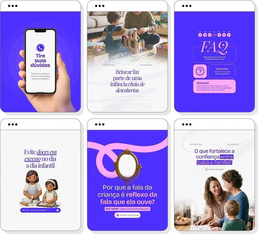 Social media para babá com posts para Instagram sobre cuidados infantis, brincadeiras e rotina das crianças