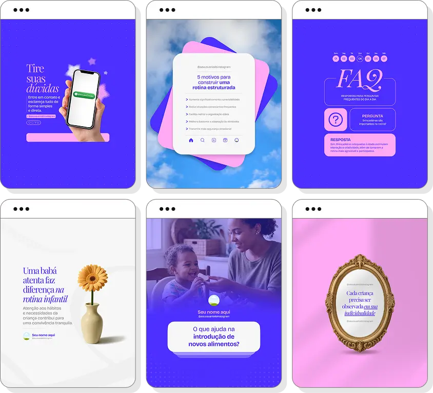 Pack de posts para Instagram de babá com artes editáveis sobre brincadeiras, cuidados e desenvolvimento infantil