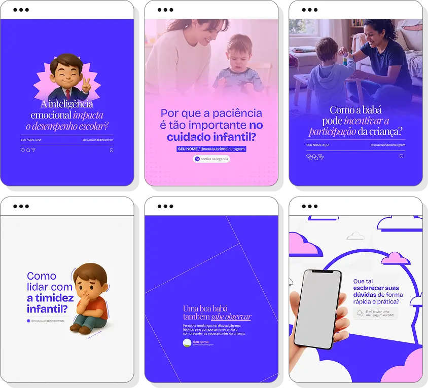 Posts para perfil de babá no Instagram com templates editáveis sobre rotina, alimentação e cuidados infantis
