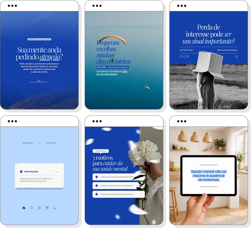 Posts no Canva para psiquiatria com conteúdos para Instagram sobre saúde mental, ansiedade, depressão e bem-estar