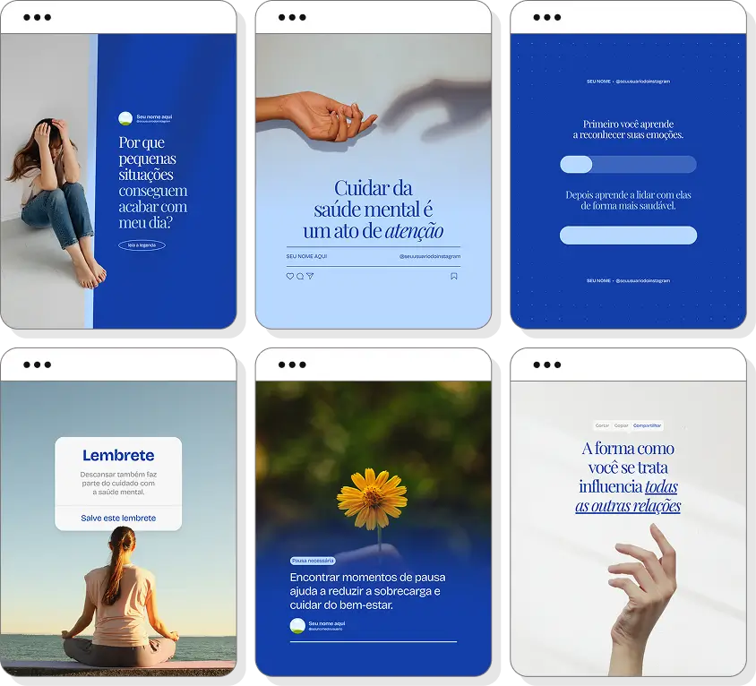 Pack de conteúdos para psiquiatria com posts editáveis para Instagram sobre transtornos mentais e cuidados com a saúde