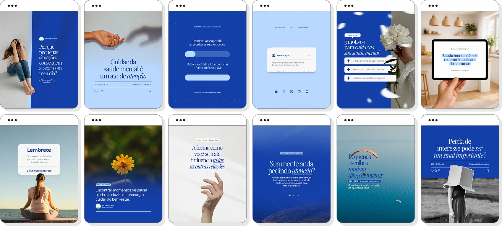 Pack de posts para psiquiatria com templates editáveis para Instagram sobre saúde mental, transtornos e qualidade de vida